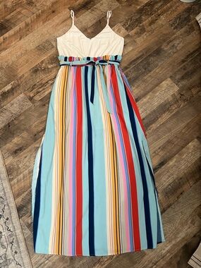 Main Strip Beige Bodice Multi-Color Striped Maxi Dress